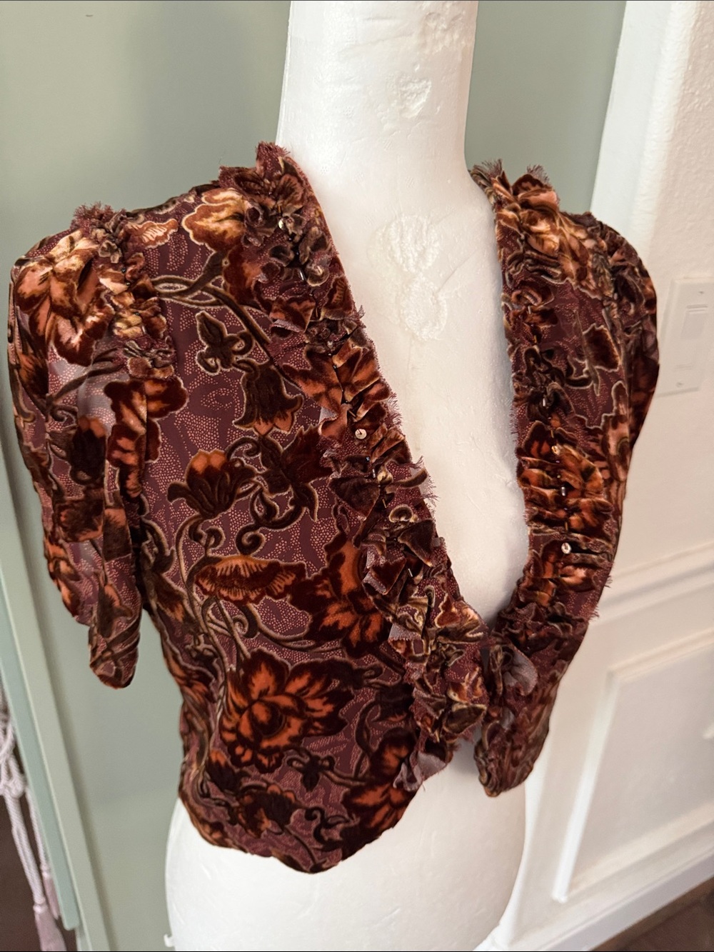 Brown Floral Velvet Ruffled Crop Top
